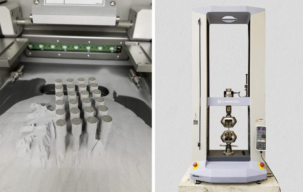 Fig. 9 Net-shape tensile bars built on the SLM 125 at NanoAL. Testing is performed in-house with a Shimadzu frame