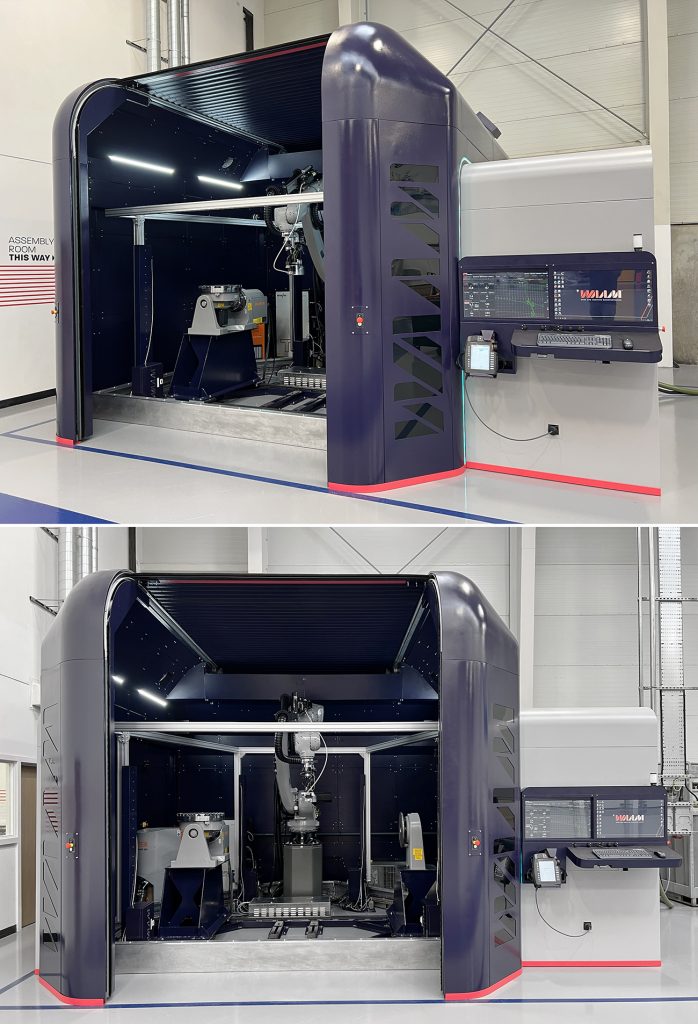 Fig. 9 Front and ¾ views of RoboWAAM Advanced. The 'heart' unit features a large 2 x 2 x 2 m deposition cuboid, delivered by a reconfigurable 6-axis robot / 2-axis manipulator combination. It includes WAAM3D’s proprietary FMSTM for deposition environment automatic control (fume treatment but also argon levels). The 'head' unit features the Control Centre, external bulk wire storage accommodating large spools or drums, and all control electronics 