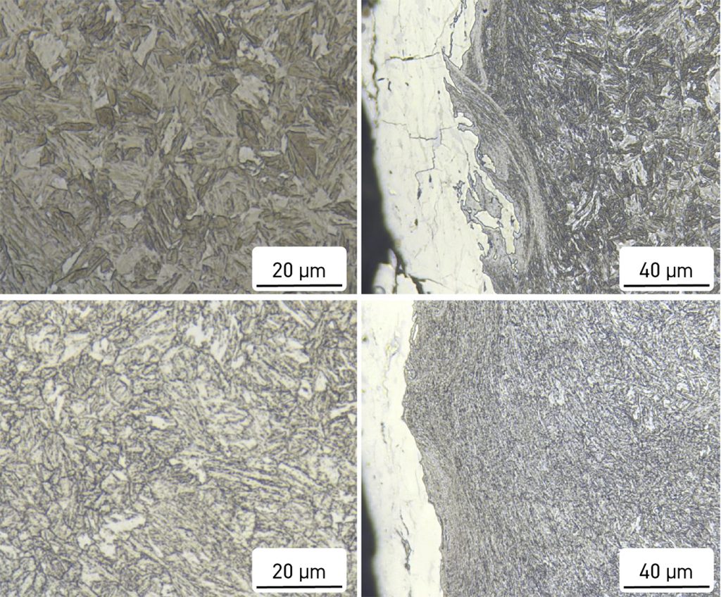 Fig. 12 Microstructures of the two alloys in the core of the hammer (left) and at the wear surface of the hammer (right). Top is the standard machined alloy and bottom is Ancorwear SPL [3]