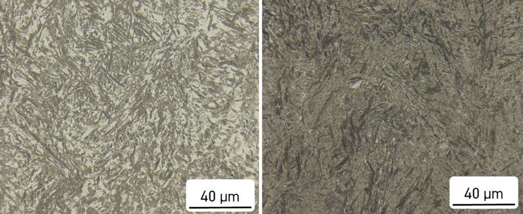 Fig. 13 Microstructures of Ancorwear 600 as built (left) and tempered at 315°C (right) [3]