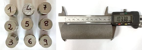 The nine as-built PBF-EB samples used in the study (As published in ‘Energy consumption assessment in manufacturing Ti6Al4V electron beam melted parts post-processed by machining,’ International Journal of Advanced Manufacturing Technology)