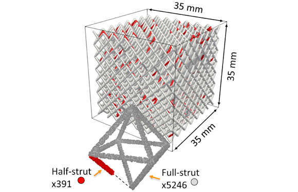 Schematic of the experimental setup and sample design lattice additively manufactured using an octet truss unit cell. The lattice structure contains intentional full and top-half struts randomly positioned. Horizontal struts as well as vertical walls were omitted in the rendering for clarity (Courtesy Forien, Jean-Baptiste, et al, “Detecting missing struts in metallic micro-lattices using high speed melt pool thermal monitoring”, Additive Manufacturing Letters)