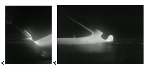Image of the wire DED-EB additive manufacturing processes from the XVC-1000 HDR camera. a) shows a view perpendicular to the build of a wall with leading wire and good parameters for a liquid bridge, while b) shows trailing wire and turbulent deposition (Courtesy pro-beam)