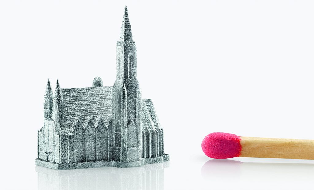 Fig. 4 A metal AM model of St. Stephen's Cathedral, produced by LMM in stainless steel, and shown in the as-sintered stated prior to surface polishing (Courtesy Incus)