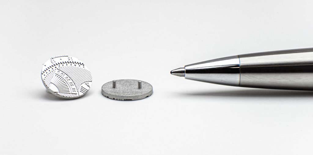 Fig. 5 Stainless steel cufflinks produced by LMM and shown in the as-sintered stated prior to surface polishing (Courtesy Incus)