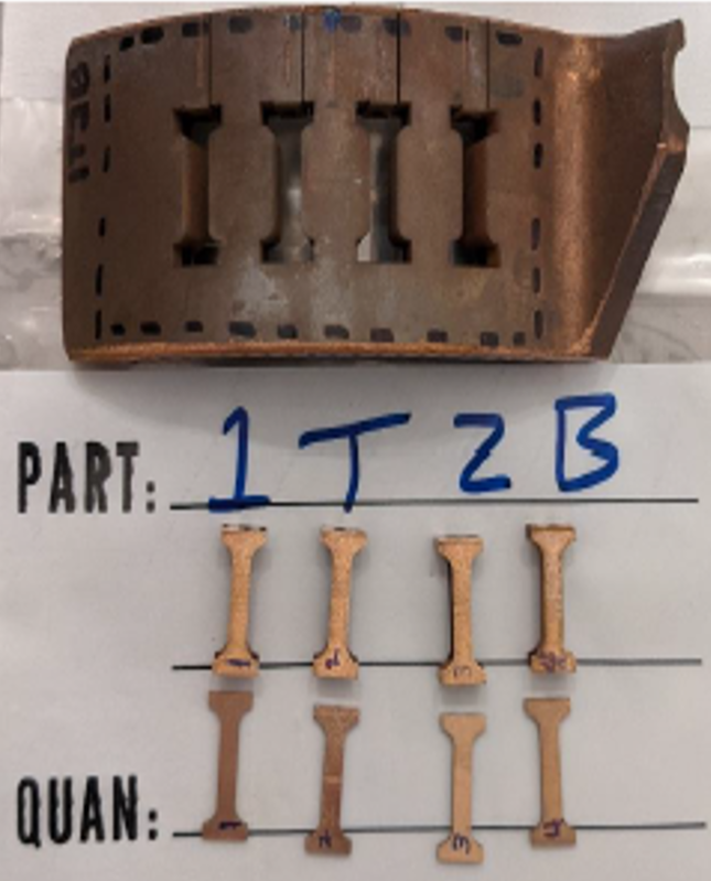 Fig. 8 Microtensile specimens excised from an untested chamber at location of the suspect witness line (Courtesy NASA)