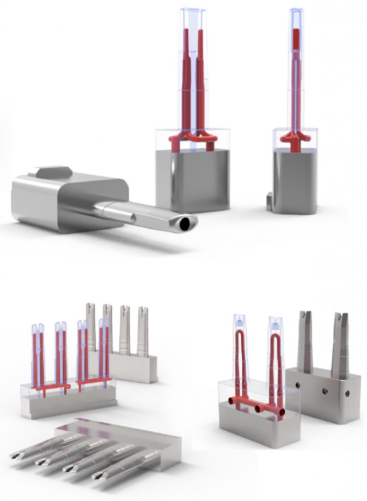 Fig. 11 Metal Additive Manufacturing vaping mould inserts with various types of cooling channels (Courtesy Farsoon Technologies)