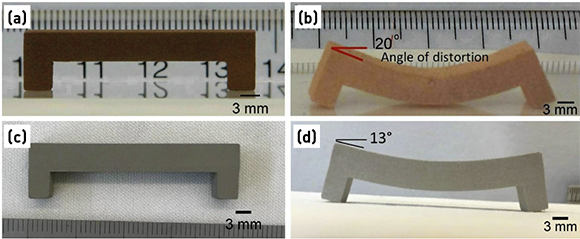 Fig. 1 (a) Copper green part (b) sintered copper part showing severe sag (c) stainless steel green part and (d) sintered stainless steel part showing severe sag