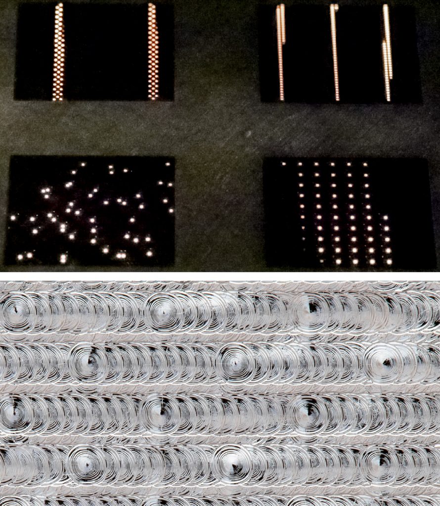 Fig. 5 Spot melting in PBF-EB. Above: various types of spot melt patterns easily created with Freemelt’s Pixelmelt software; below: ordered spot melt pattern in tungsten (Courtesy Freemelt)