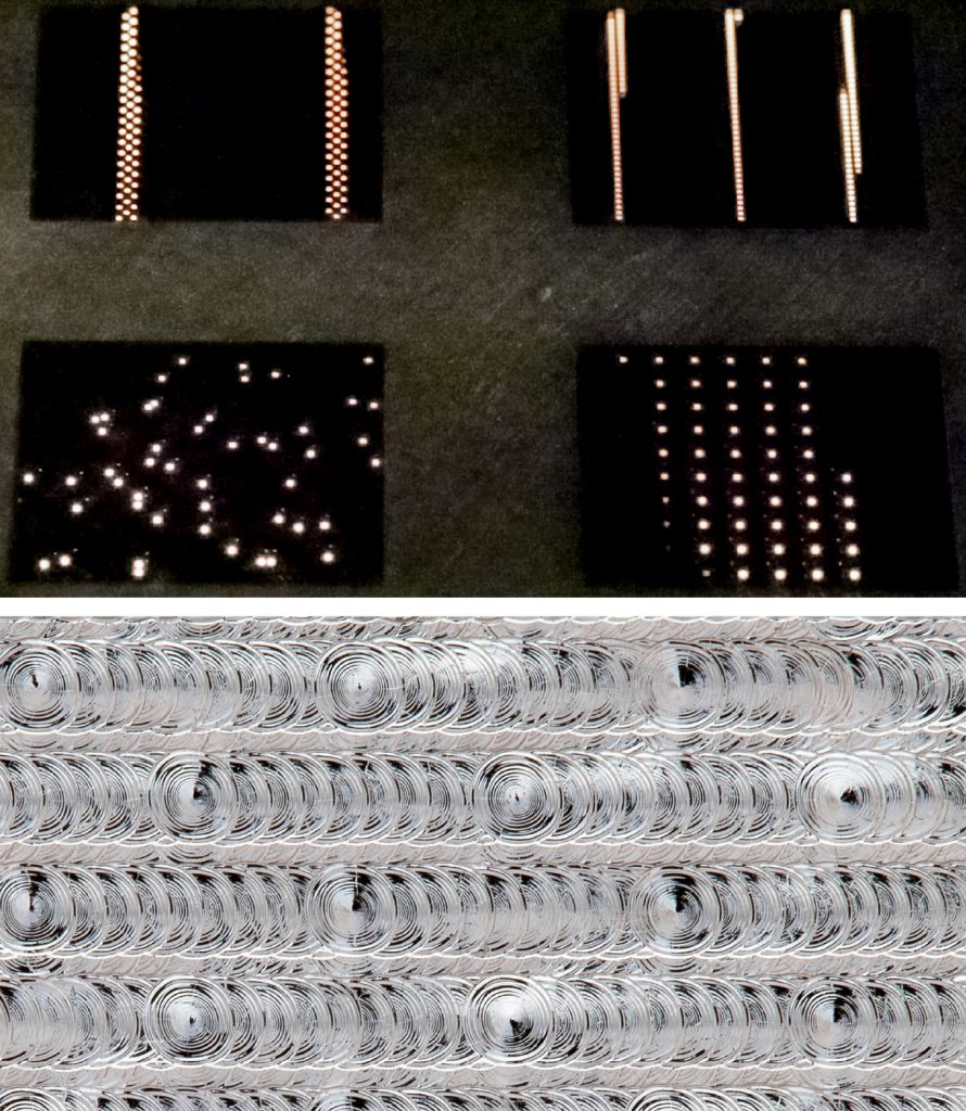 Fig. 5 Spot melting in PBF-EB. Above: various types of spot melt patterns easily created with Freemelt’s Pixelmelt software; below: ordered spot melt pattern in tungsten (Courtesy Freemelt)
