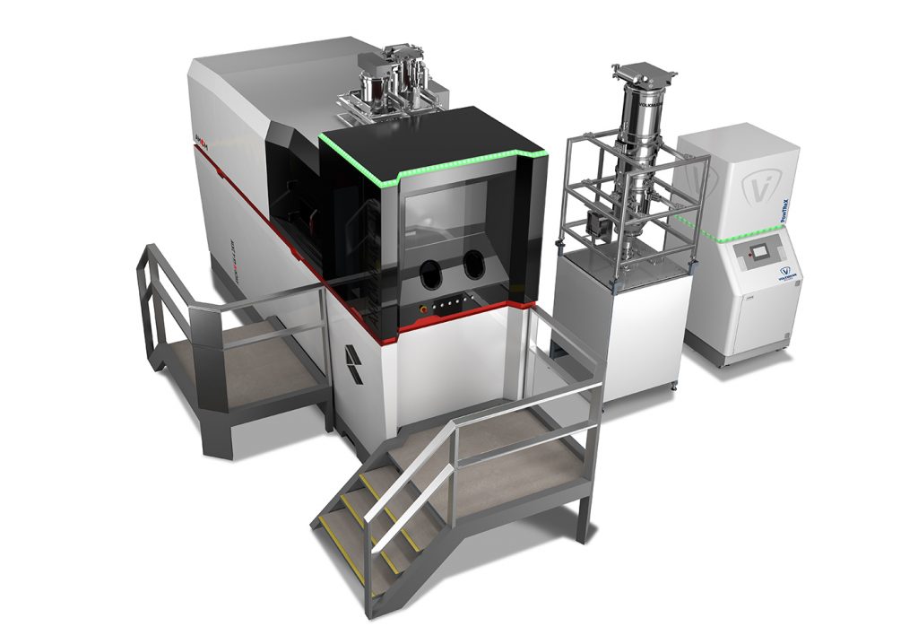Fig. 10 An AMCM-M4K large format PBF-LB machine with an automatic powder supply at an installation in the USA for the Additive Manufacturing of large components (thrust chambers etc.) for rocket engines (Courtesy AMCM GmbH)