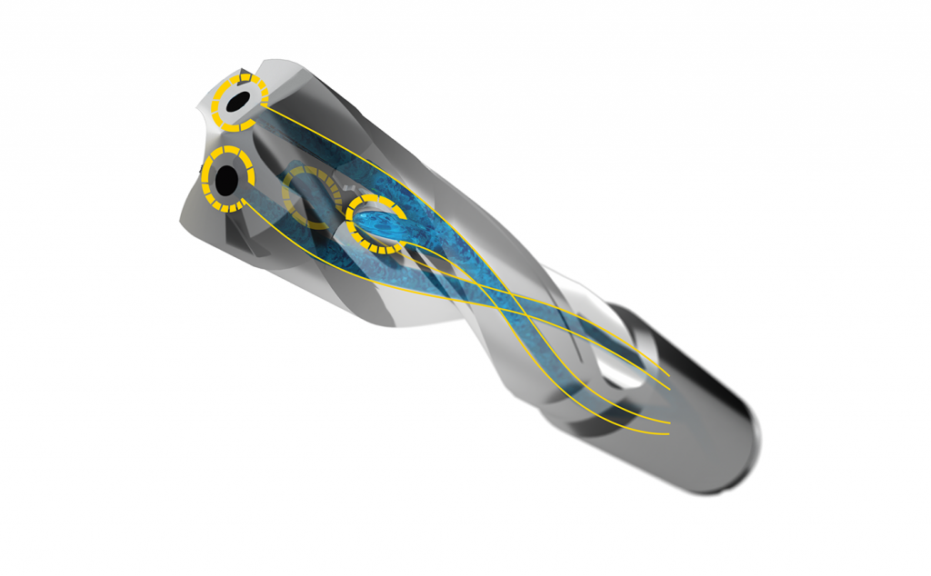 Fig. 14 A PBF-LB steel body with helical coolant channels for KenTip FSTM modular drill (Courtesy Kennametal)