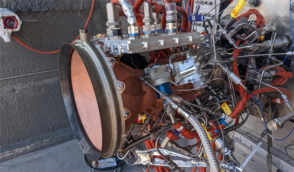 A Hadley engine with a copper combustion chamber, produced by Additive Manufacturing in Youngstown, Ohio, on the test stand prior to hotfire testing (Courtesy Ursa Major)