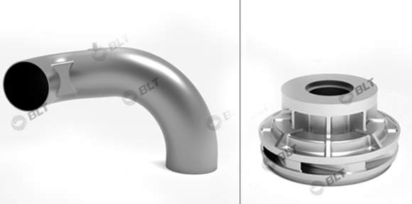 Piping parts (left) and turbine pump parts were additively manufactured by BLT (Courtesy Bright Laser Technologies)