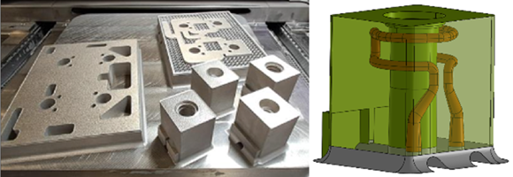 Optimised for Harting, the internal cooling channels can be seen in the drawing on the right (Courtesy AddUp)