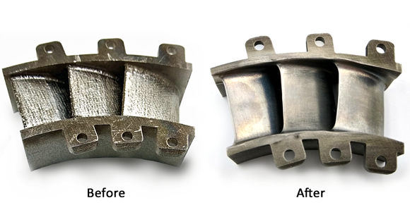 Before-and-after photo of PECM as both a finishing and a secondary machining operation for an additive turbine part (Courtesy Voxel Innovations)