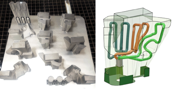 By adapting the shape of the channels to cool the surface of the part more homogeneously, manufacturers can improve the quality of their products. Seen here is the mould optimised for Siebenwurst (Courtesy AddUp)