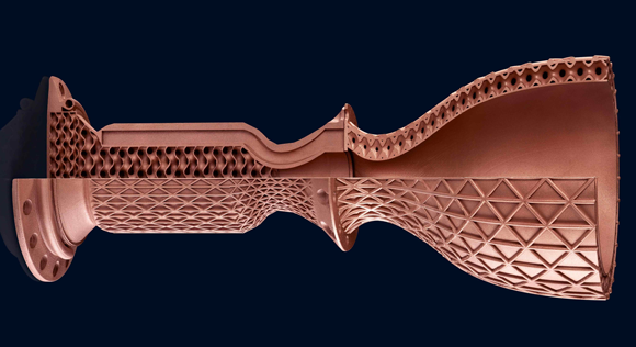 A computer-generated image of the additively manufactured copper combustion chamber, produced in collaboration with Ariane (Courtesy Linde)