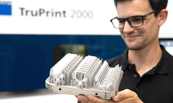 The square build plate and higher laser power of the updated TruPrint 2000 increases productivity (Courtesy Trumpf)