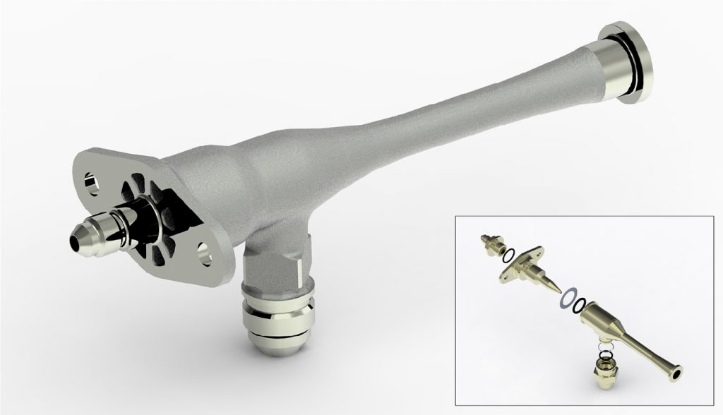 Fig. 14 An additively manufactured fuel scavenge jet pump and, inset, an exploded view of the conventionally manufactured pump 
(Courtesy Eaton Aerospace)
