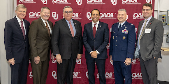 The opening event was attended by government, military and defence leaders. Pictured form left to right: Lt Gen (ret) Don Wetekam, Gen (ret) Robin Rand, OU’s Tomás Díaz de la Rubia and Joseph Harroz Jr, Col Brian Moore, Mark Benedict (Courtesy University of Oklahoma)