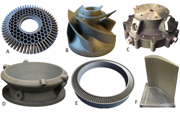Fig. 2 Various components built using GRX-810 PBF-LB: A) turbine blisk, B) inducer with internal features, C) impinging injector, D) regeneratively-cooled nozzle, E) shrouded turbine blisk, F) larger-scale turbine blade with integral instrumentation ports (Courtesy NASA/AIAA SciTech 2024)