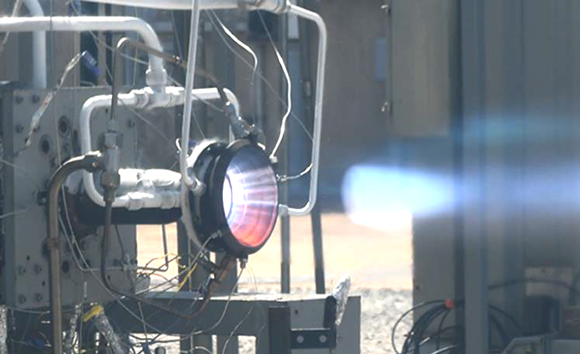 Fig. 1 Hot-fire testing of GRX-810 injectors and nozzles for the ORCA liquid oxygen/liquid methane test series (Courtesy NASA/AIAA SciTech 2024)