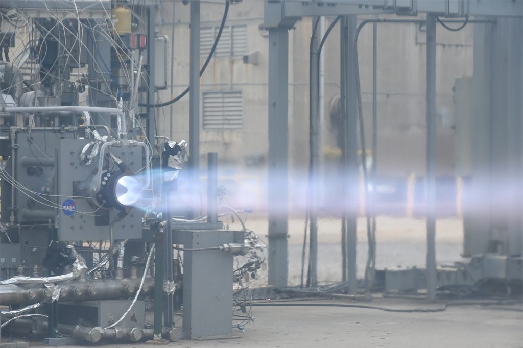 Fig. 1 Hot-fire test of a PBF-LB GRCop-42 plug nozzle and outer body for a Rotating Detonation Rocket Engine (Courtesy NASA)