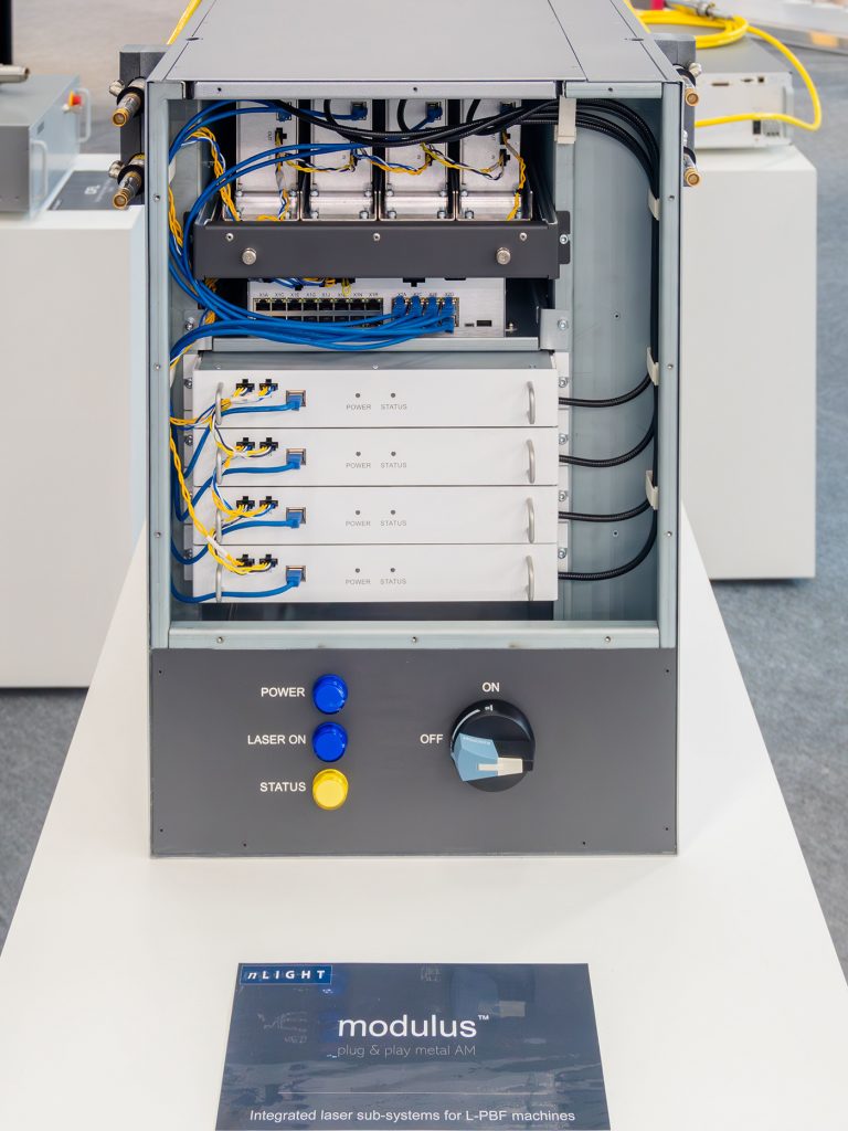 Fig. 3 nLIGHT's modulus m4 outfitted with four 1 kW single mode lasers (Courtesy nLIGHT)