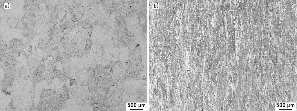 Fig. 3 Micrographs of Ti-6Al-4V produced by PBF-EB showing the results of two different tailored HPHT cycles to tailor micro-structures depending on end use (Courtesy Quintus Technologies)