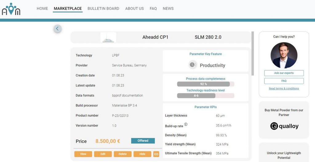 Fig. 3 An example of a parameter set for the aluminium alloy Aheadd® CP1 from Constellium for a SLM® Solutions 280 2.0 system (Courtesy Rosswag)