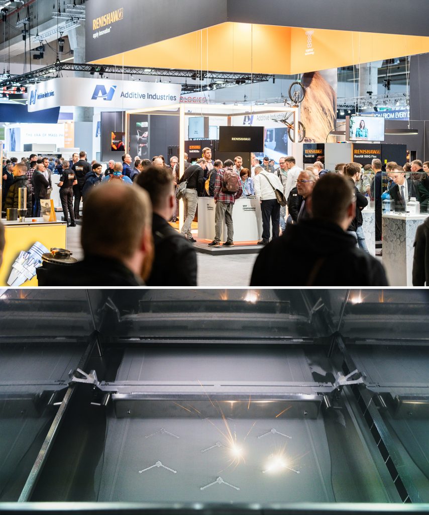 Fig. 5 Renishaw's exhibition stand at this year’s Formnext and, below, its new Tempus technology in action (Top image courtesy Mesago/Mathias Kutt, bottom image courtesy Renishaw)