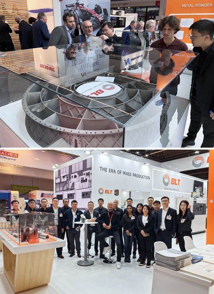 Fig. 8 The BLT stand at Formnext 2023 featured a 1.5 m diameter titanium aero engine intermediate compressor casing (Courtesy BLT)