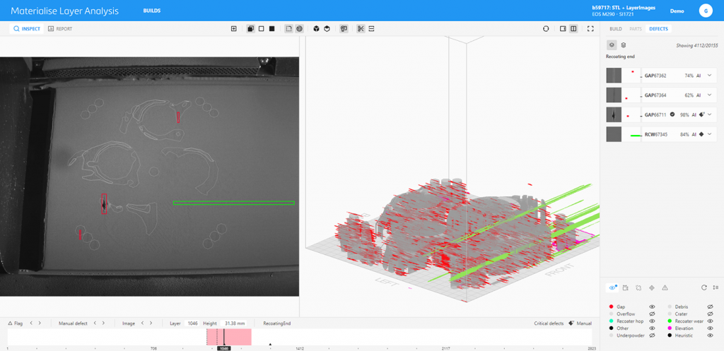 Fig. 8 AI-based defect detection is leveraged across multiple software and monitoring systems. A large amount of training data enables the detection of failed builds and various other defects. The primary business cases currently focus on stopping nonconforming builds to save both time and materials, as well as reducing the costs of quality control – often a requirement in high-end industrial applications. Challenges remain in the transferability of these solutions from one system to another and in their level of reliability. However, these issues are expected to be overcome soon due to the increasing volume of available data (Courtesy Materialise)