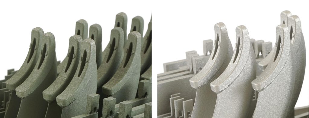 Fig. 8 Stainless steel AM parts processed with traditional hot isostatic pressing (left) and Quintus Purus processing (right). The surface oxide is clearly visible in the left image (Courtesy Quintus Technologies)