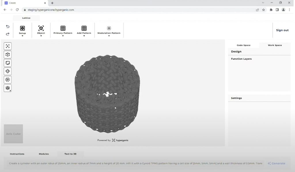 Fig. 9 Hyperganic's Text-to-3D technology leverages large language models such as OpenAI's GPT and Meta's Llama. These models are trained on specialised data and prompts to enable end-users to generate designs via natural language inputs. This utilisation of natural language models has the potential to unlock unprecedented design capabilities. While Hyperganic's programmatic design approach has historically been viewed as requiring specialised programming skills and, therefore, be potentially difficult to use, the integration with large language models could propel the technology to new heights (Courtesy Hyperganic)