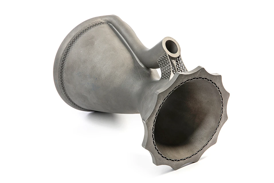 Materialise’s Metal Competence Center in Bremen, Germany, offers prototypes and full-series production. Pictured is a part developed for a liquid-fueled rocket engine made from Inconel (Courtesy Materialise)