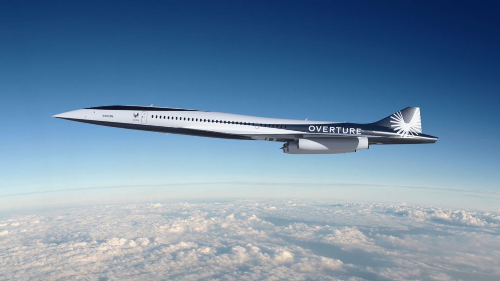 Overture will carry 64-80 passengers at Mach 1.7, about twice the speed of today’s subsonic airliners. Optimized for speed, safety, and sustainability, Overture is designed to run on up to 100% sustainable aviation fuel (Courtesy Boom Supersonic)