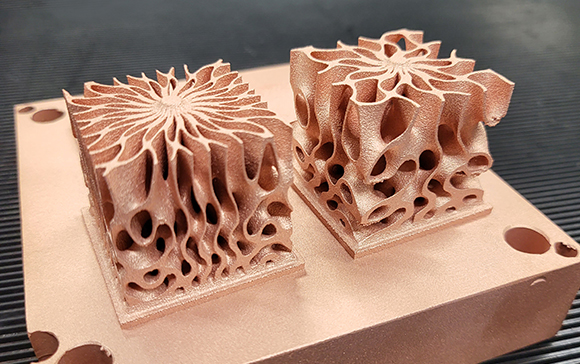 Research project enabling enhanced performance electronic thermal management through EOS M290 pure copper metal Additive Manufacturing (parts designed in nTop) (Courtesy University of Wolverhampton)