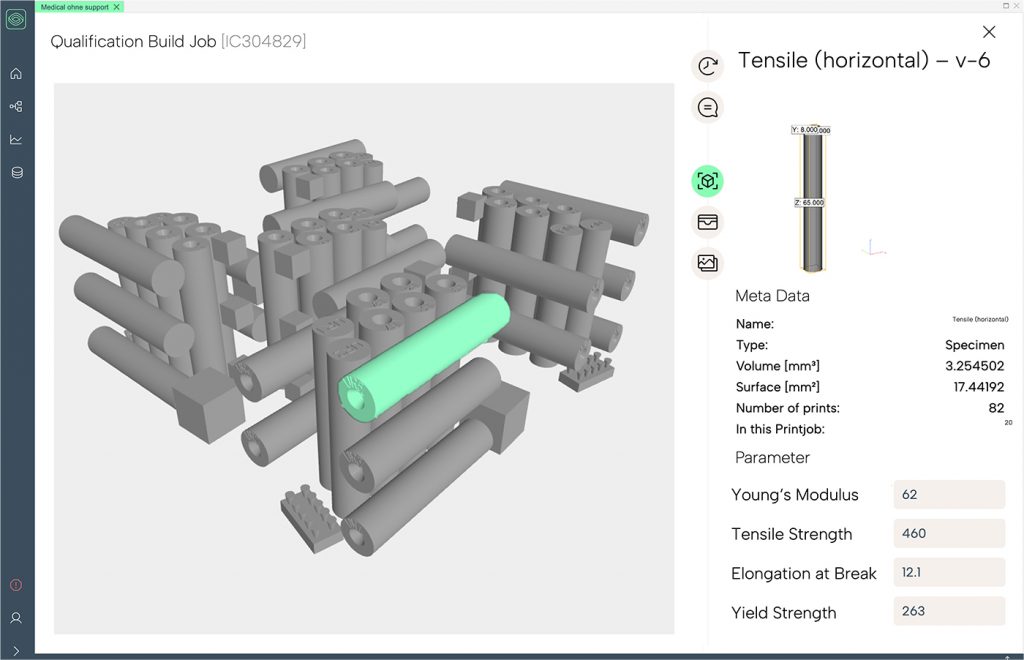Fig. 6 Qualification build job in a 3D view in amsight software. All relevant data can be seen with just one click
(Courtesy amsight GmbH)