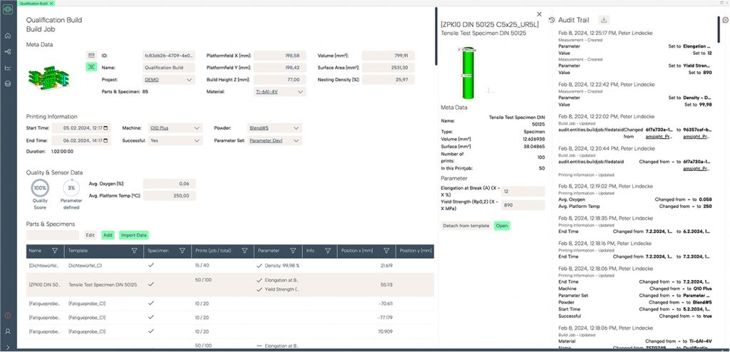 Fig. 7 Display from the amsight software: all production data from powder to heat treatment is accessible via a user-friendly interface. The data are stored in a tamper-proof and standardised manner. Analyses are preset and accessible for selected employees (Courtesy amsight GmbH)