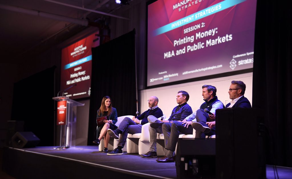Fig. 8 Moderated by Alex Kingsbury (Market Development Manager, Additive Manufacturing, nLIGHT), the Printing Money session featured Stephen Butkow (Managing Director, Cantor Fitzgerald), Arno Held (Managing Partner, AM Ventures), Bryan Dow (Managing Director, Cantor Fitzgerald), and Danny Piper (Principal, NewCap Partners, Inc.)
(Courtesy Ashley Alleyne/3DPrint.com) 