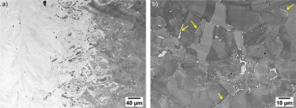 CuCrZr-316L sample after the post-build HIP treatment: close views of a) the vertical interfacial area and b) Cu channels present in 316L, close to the interface (Courtesy L Deillon, N Abando Beldarrain, X Li, M. Bambach, Coupling hot isostatic pressing and laser powder bed fusion: A new strategy to manufacture defect-free CuCrZr-316L steel multi-material structures, Materials & Design, Volume 241, 2024)