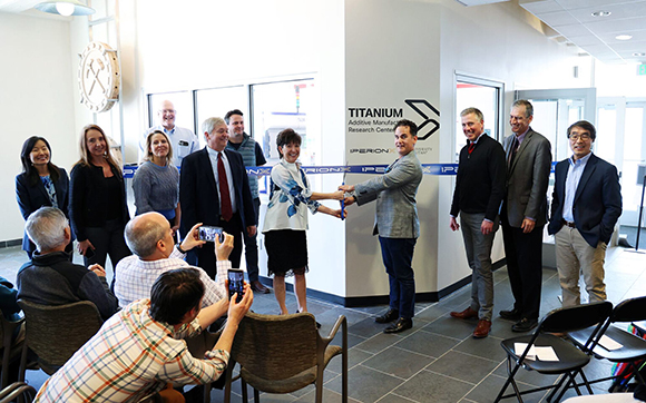 Titanium Additive Manufacturing Research Center ribbon cutting, led by U Provost Mitzi Montoya and IperionX CEO Taso Arima (Courtesy University of Utah)