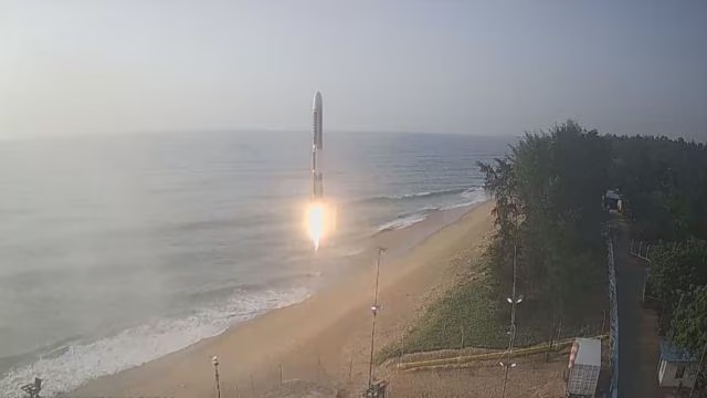 Agnikul Cosmos carried out a sub-orbital test flight of its additively manufactured semi-cryogenic Agnibaan rocket from its launch pad at Sriharikota (Courtesy Agnikul Cosmos)