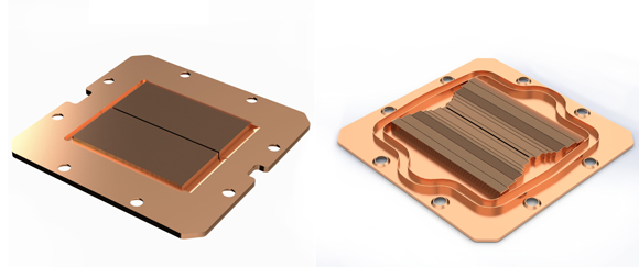 The original skived heatsink (left) compared to the complex AI Optimised Cold Plate (Courtesy Asetek)