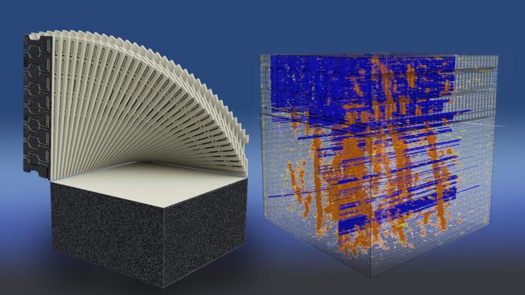 The additively manufactured part (left) is sliced into small pieces, each of which is tested for tensile strength by pulling it until it breaks. A digital copy of the same additively manufactured part (right) has been analysed by an AI model to locate anomalies within its structure (Courtesy Andy Sproles/ORNL)