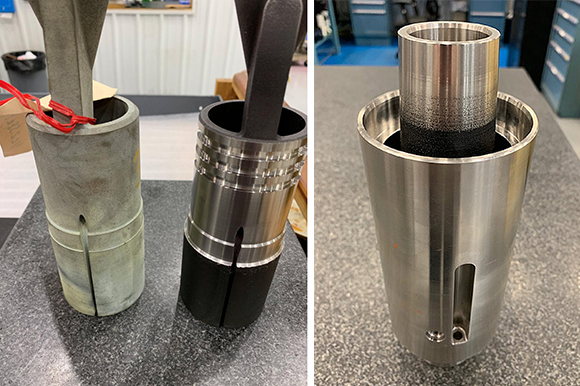 An additively manufactured part used in the oil and gas industry (left), transformed through precision machining (centre) to meet exacting specifications. When bulk parts reach end-of-life, their material can now be recycled using Continuum’s proprietary, single-step Greyhound M2P platform, with new, high-quality materials provided back to the manufacturer via the Continuum Powder as a Service (CPaaS). The finished oil and gas component (right) features a specialised coating on the interior diameter to reduce wear and extend operational life (Courtesy Knust-Godwin)