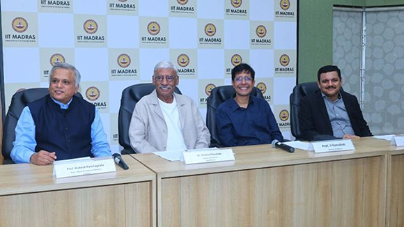 From left: Prof Mahesh Panchagnula, Dean (ACR), IIT-M Distinguished Alumnus Dr Krishna Chivukula, Prof V Kamakoti, Director, IIT Madras, Mr. Kaviraj Nair, CEO, OIA (Courtesy IIT Madras)