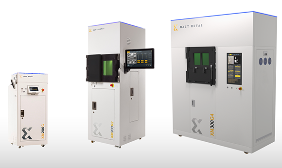 Xact Metal’s range of metal Additive Manufacturing machines includes the XM200G (left) and XM200C (centre). The XM300G (right) is currently under development (Courtesy Xact Metal)